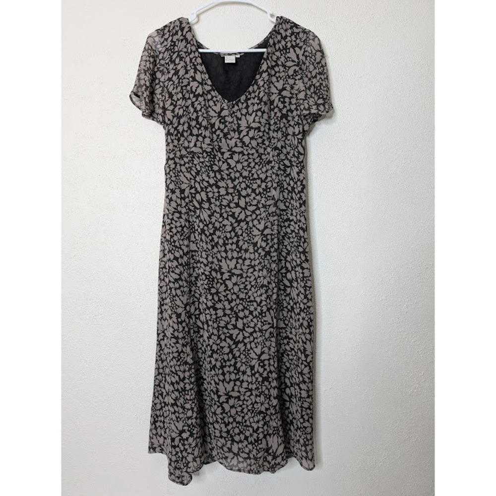Anthropologie Isabella Bird 100% Silk Floral Grunge Fairy Gray Midi Dress Size 8